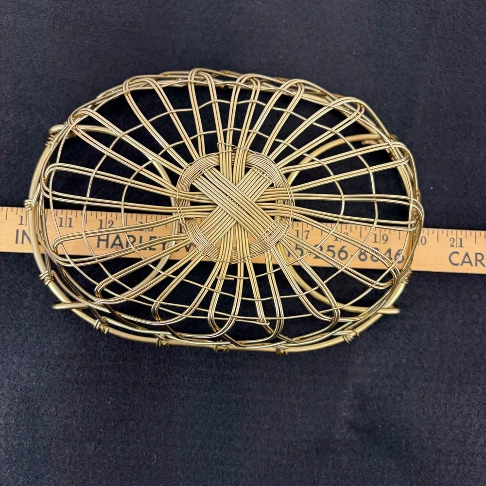 Gold Tone Woven Metal Wire Oval Decorative Basket Catchall Brass Lattice Handles